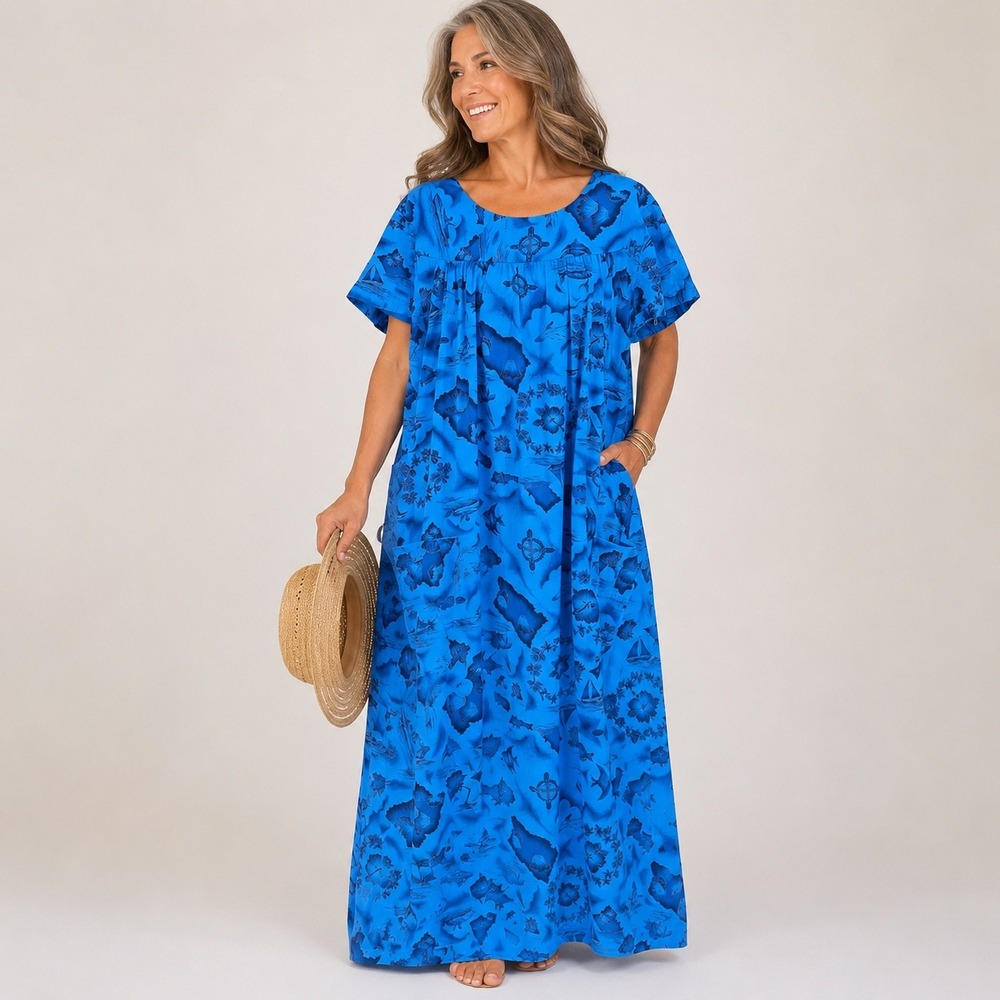 Ui Maikai Muumuu Dress Size 2XL VIntage 60s Blue Hawaii Map Maxi Lounger Pocket